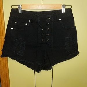 Black denim Tie front shorts